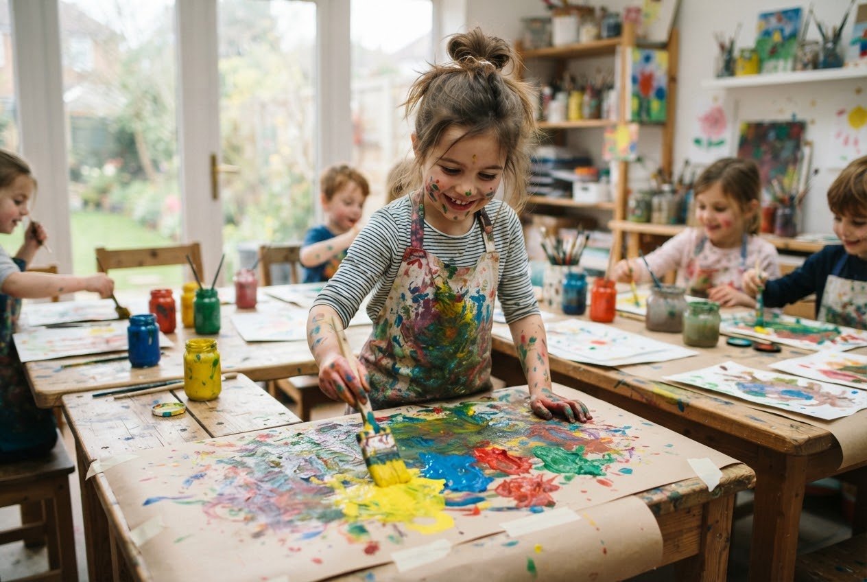 Niño con delantal pintando con témpera de colores sobre un pliego grande de papel