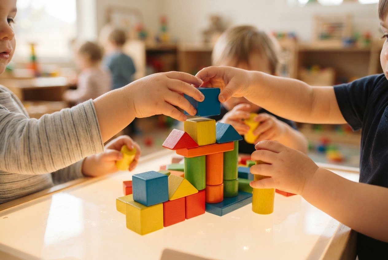 Manos infantiles apilando bloques de madera de colores sobre una mesa clara