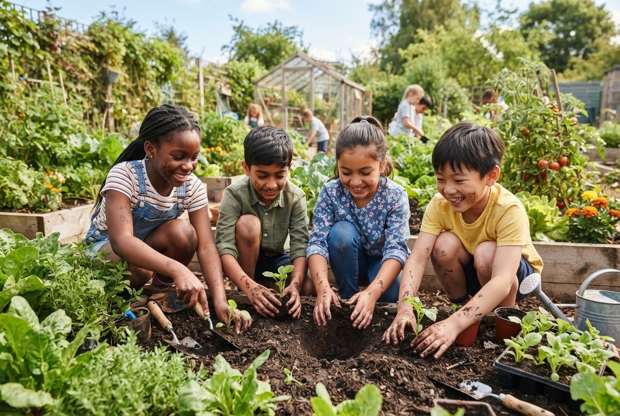 Niñas y niños sembrando plántulas en la huerta escolar con tierra en las manos