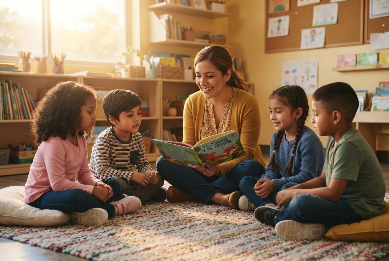 Maestra y cuatro niños sentados en una alfombra leyendo álbumes ilustrados