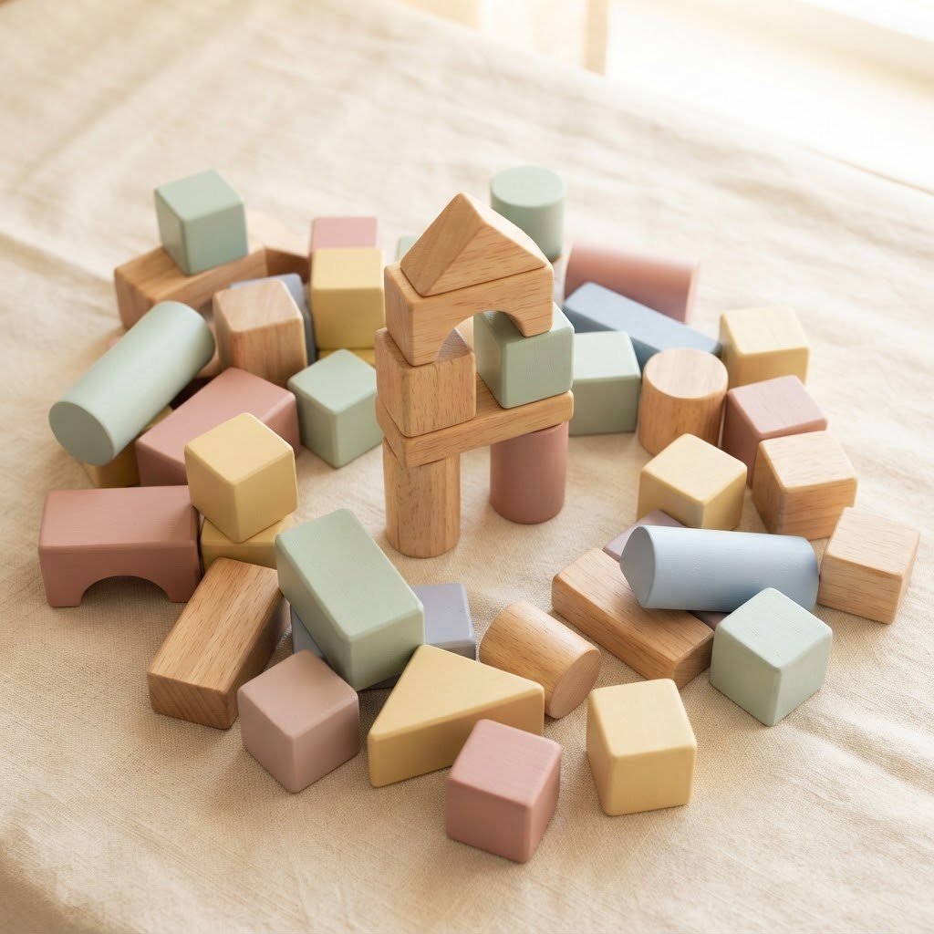Set de bloques de madera en tonos pastel apilados sobre una superficie crema