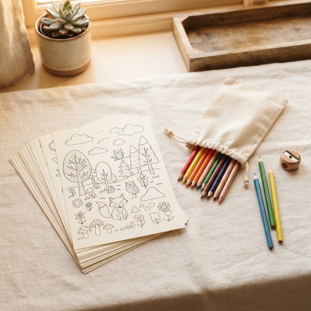 Fichas ilustradas, lápices de colores y estuche de tela sobre fondo crema
