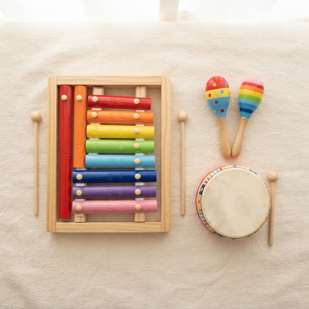 Xilófono infantil de teclas de colores con baquetas de madera, maracas y tambor