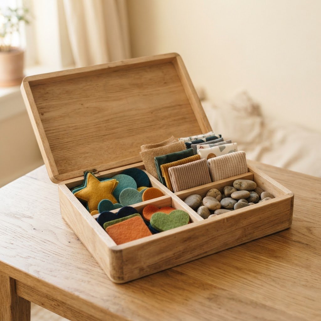 Caja de madera abierta con formas de fieltro, telas texturizadas y piedras lisas